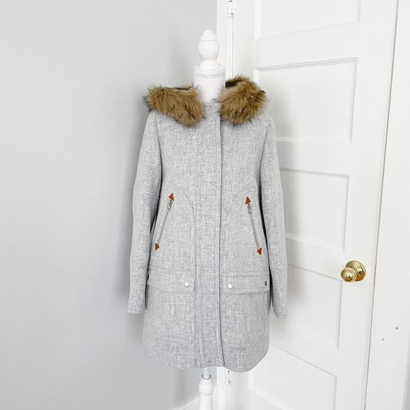 NWT J. Crew Grey Chateau Parka Coat Womens Size 6 Faux Fur Overcoat Peacoat Wool